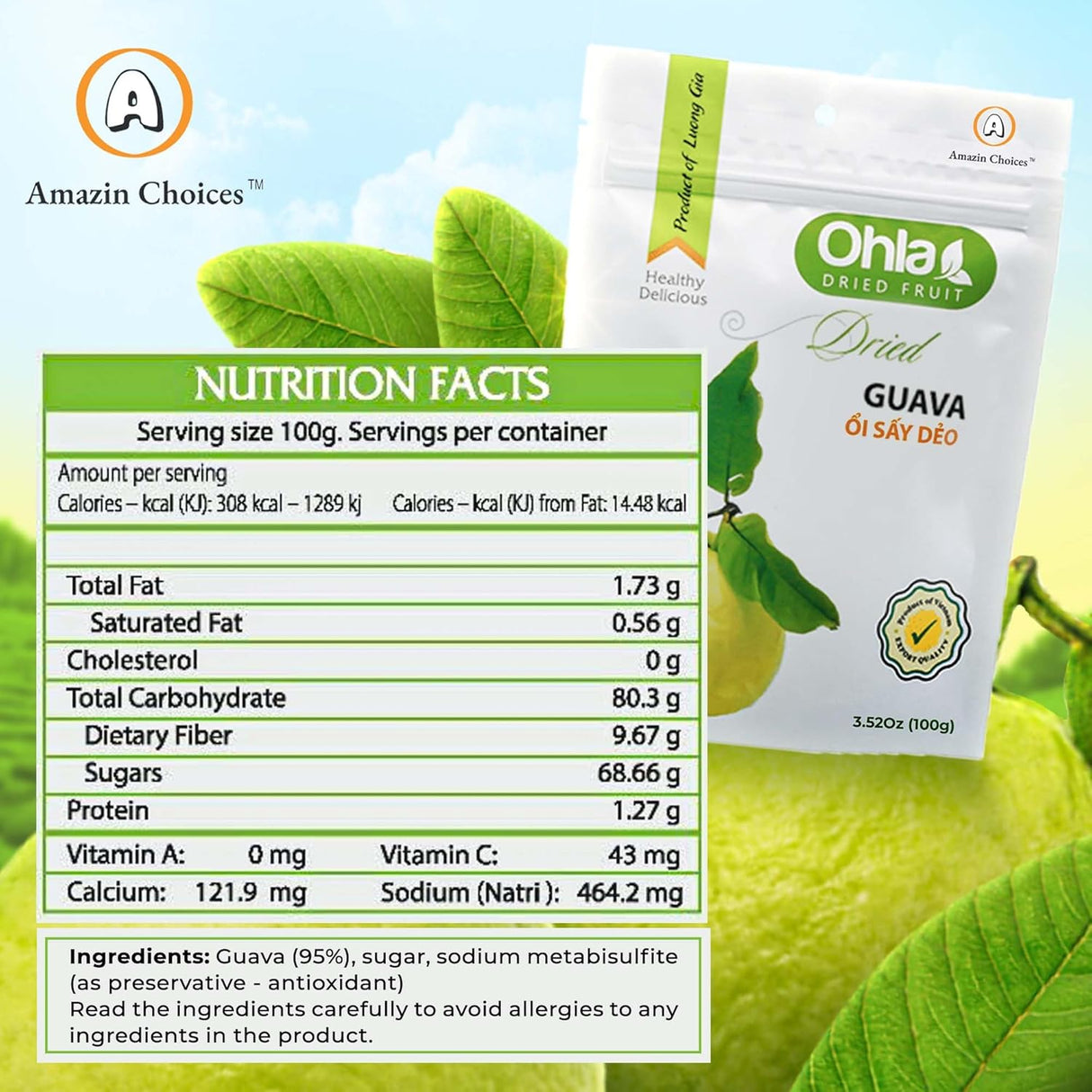 Amazin Choices Dried Guava - Gluten-Free, Vegan Snack - Non-GMO, Exotic Vietnamese Guava Slices, Snack Viet - 3.52oz