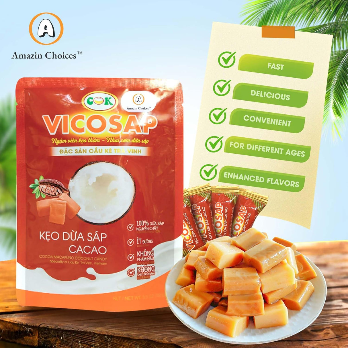 Amazin Choices Cocao Macapuno Coconut Candy. Vietnamese Sweet Macapuno Coconut Candy. Low Sugar and Vegan Friendly Snacks for Parties - Viet Snack - Pack of One (3.5Oz)