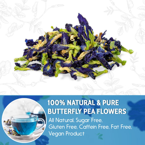 Premium 1010+ Butterfly Pea Flowers, 100% Natural & Pure from Whole Butterfly Pea Flowers Leaves, Wildcrafted, Blue Pea Flowers Tea, Butterfly Pea Flowers Loose Leaf Herbal Tea, No Gluten, Vegan