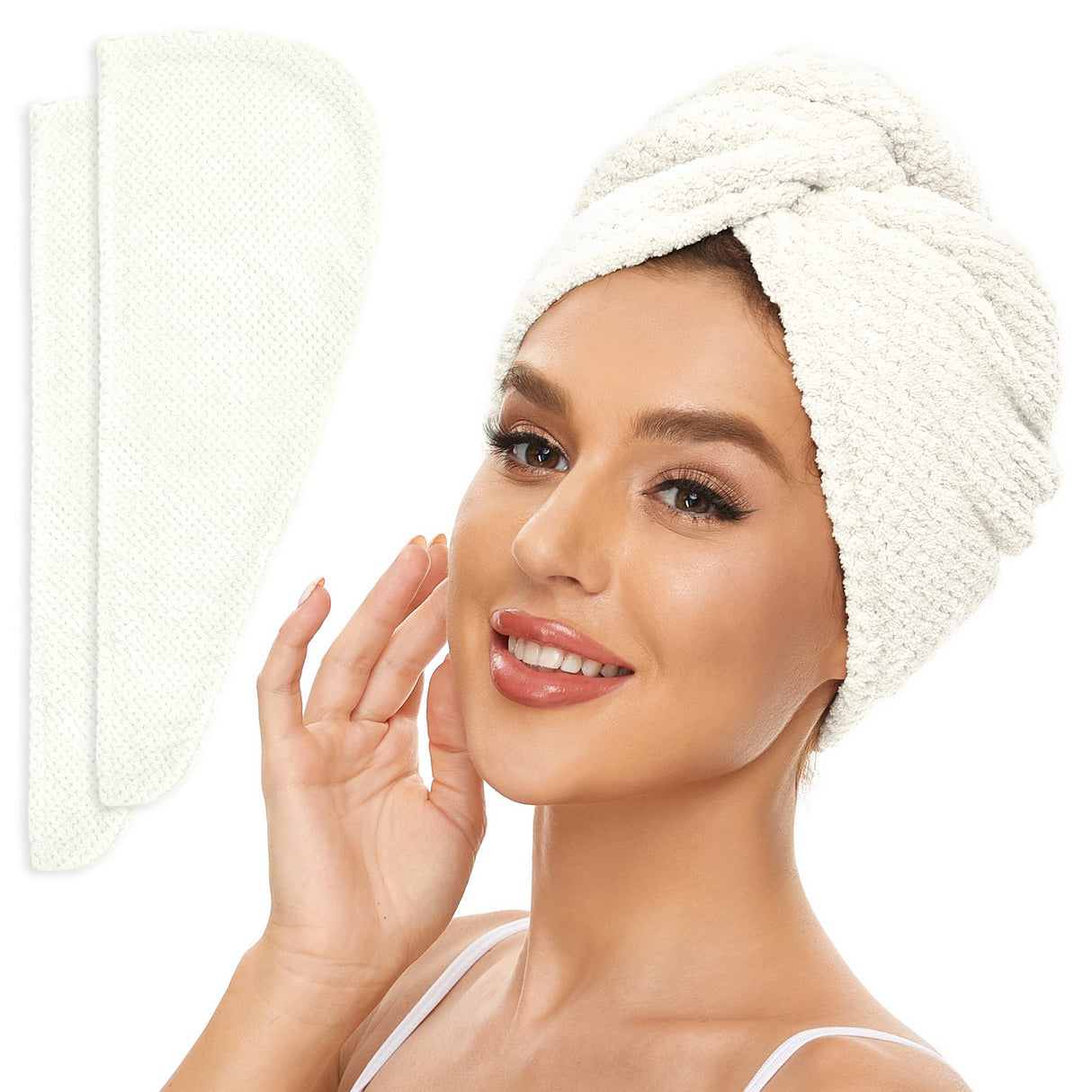 2 Pack Microfiber Hair Towel Wrap for Women, Anti Frizz Quick Drying Hair Turban for All Hair Style, Absorbent and Lightweight (Beige + Grey)