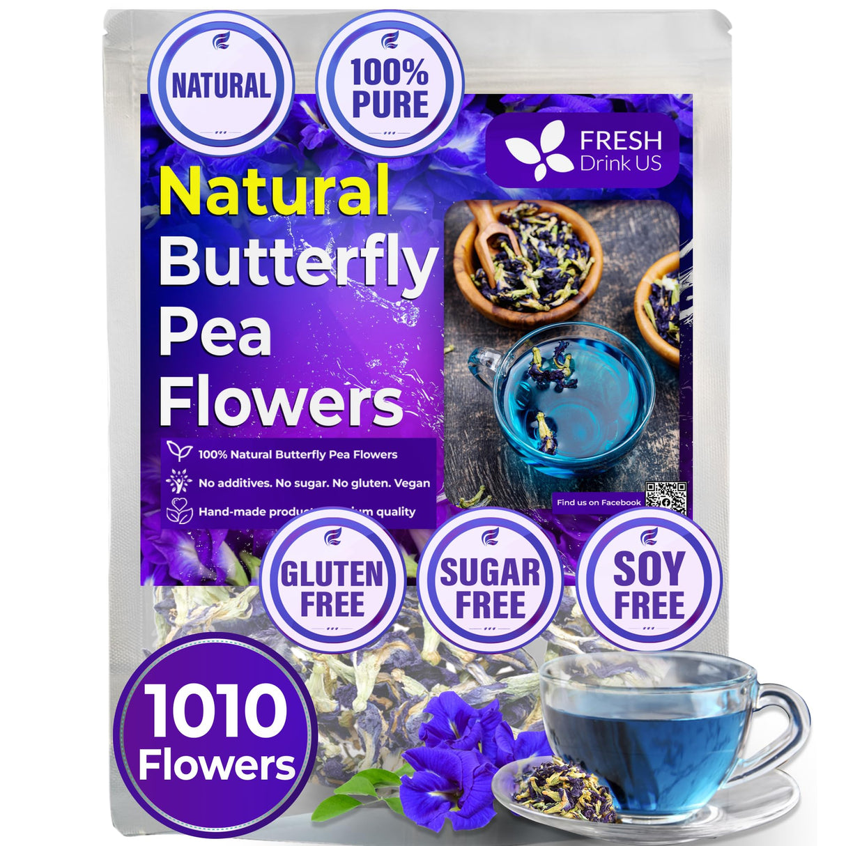 Premium 1010+ Butterfly Pea Flowers, 100% Natural & Pure from Whole Butterfly Pea Flowers Leaves, Wildcrafted, Blue Pea Flowers Tea, Butterfly Pea Flowers Loose Leaf Herbal Tea, No Gluten, Vegan