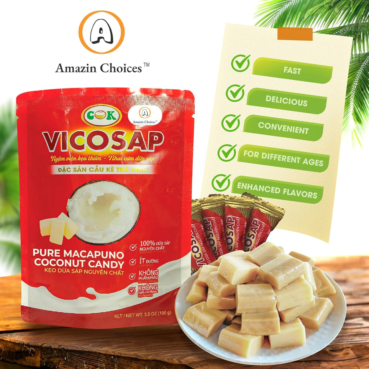 Amazin Choices Pure Macapuno Coconut Candy. Vietnamese Sweet Macapuno Coconut Candy. Low Sugar and Vegan Friendly Snacks for Parties - Viet Snack - Pack of One (3.5Oz)