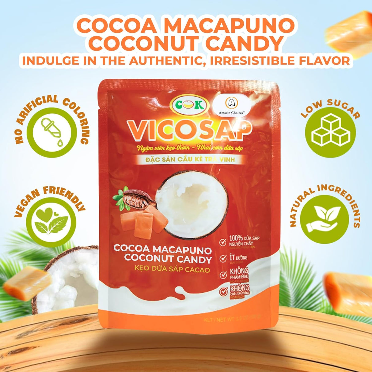 Amazin Choices Cocao Macapuno Coconut Candy. Vietnamese Sweet Macapuno Coconut Candy. Low Sugar and Vegan Friendly Snacks for Parties - Viet Snack - Pack of One (3.5Oz)