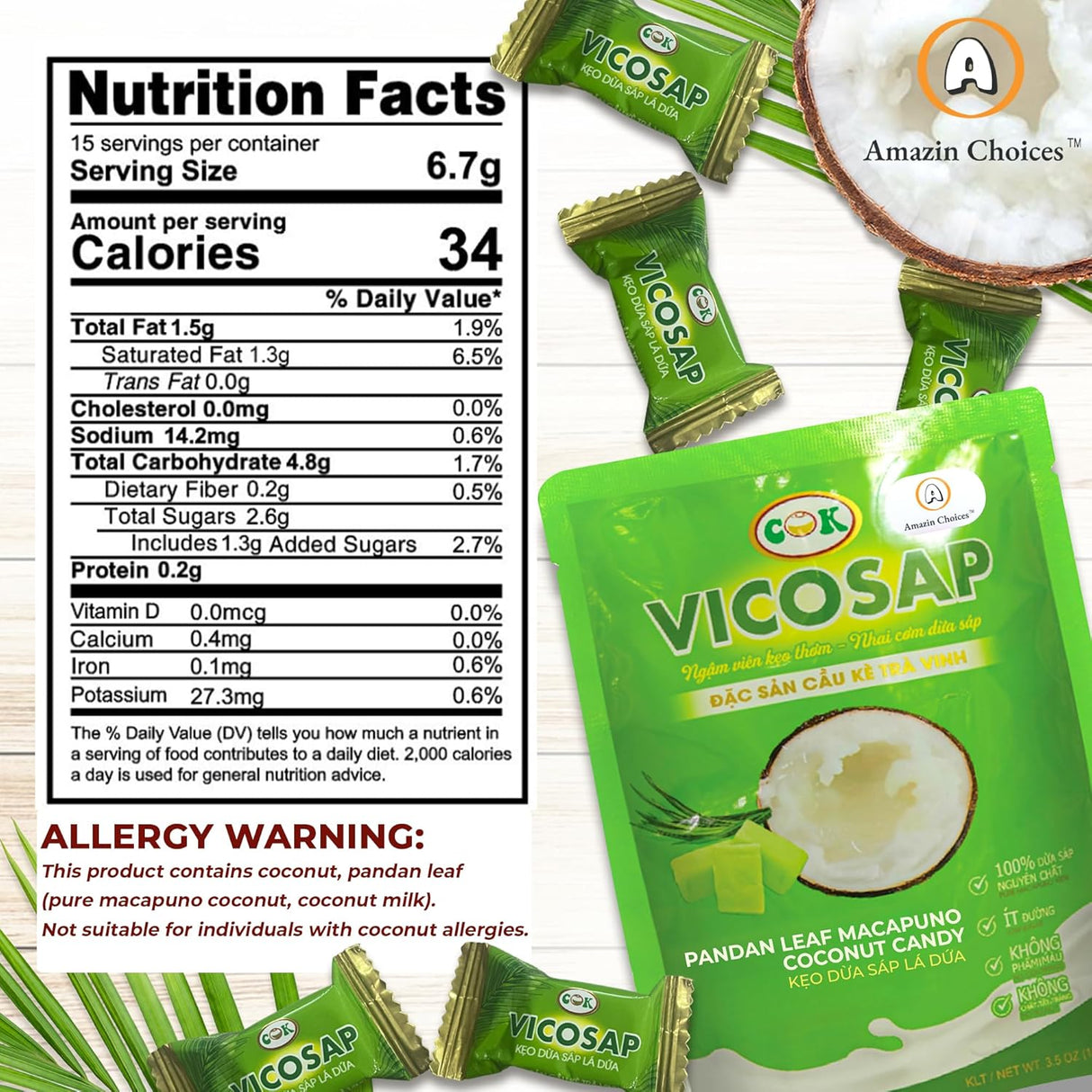 Amazin Choices Coconut Candy Snacks. Pandan Leaf Macapuno Coconut Candy. Vegan Candy and Low Sugar Snacks. Chewy Coconut Snacks - Snack Viet - Fruit Snack - Pack of One (3.5Oz)