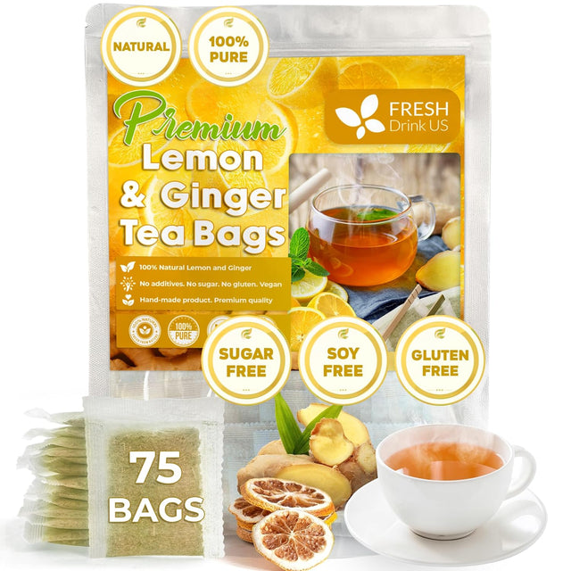 Premium Lemon Ginger Tea Bag, Eco-conscious Tea Bags. Lemon Ginger Herbal Tea. No Sugar, No Caffeine, No Gluten, Vegan.