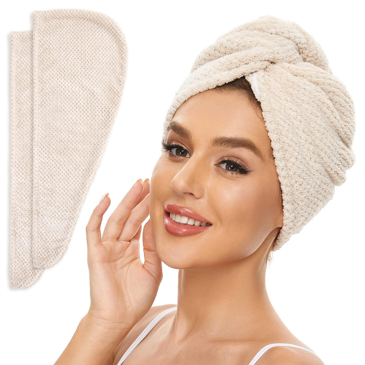 2 Pack Microfiber Hair Towel Wrap for Women, Anti Frizz Quick Drying Hair Turban for All Hair Style, Absorbent and Lightweight (Beige + Grey)