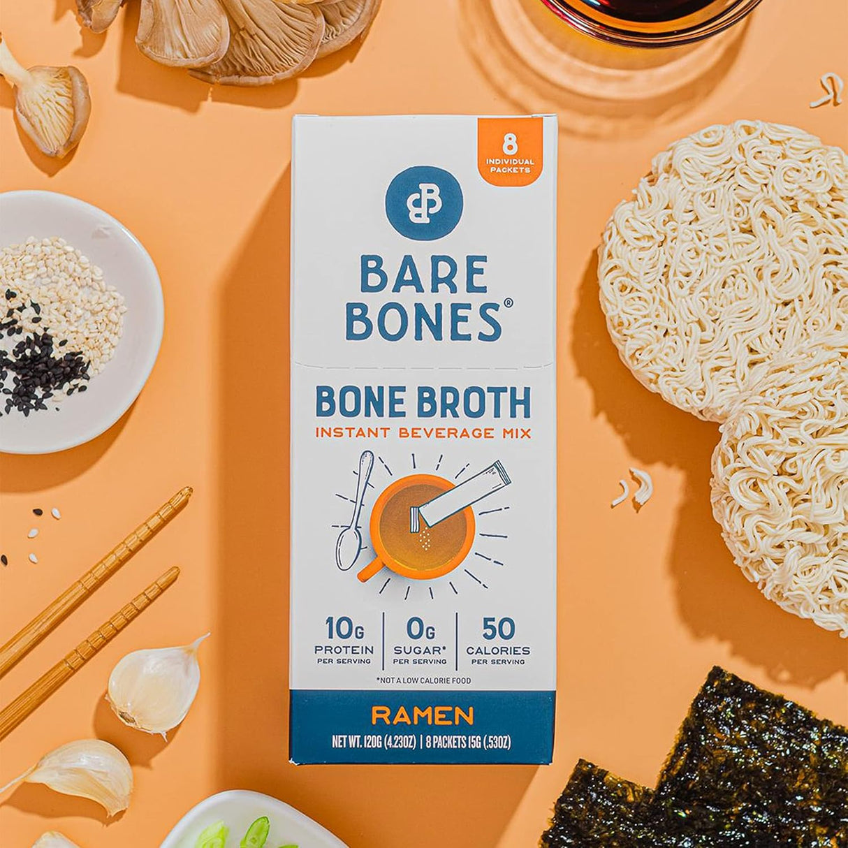 Bare Bones Bone Broth Instant Powdered Mix | Rich Savory Packets on-the-Go No Artificial Flavors | Non-GMO Gluten-Free Dairy-Free Keto & Paleo Friendly | 15g Sticks 10g Protein | Ramen | 4 Pack