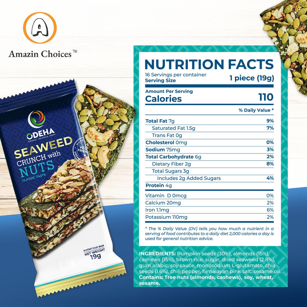 Amazin Choices Seaweed Crunch with Nuts Classic Taste - 10.7 oz (16 Bars)