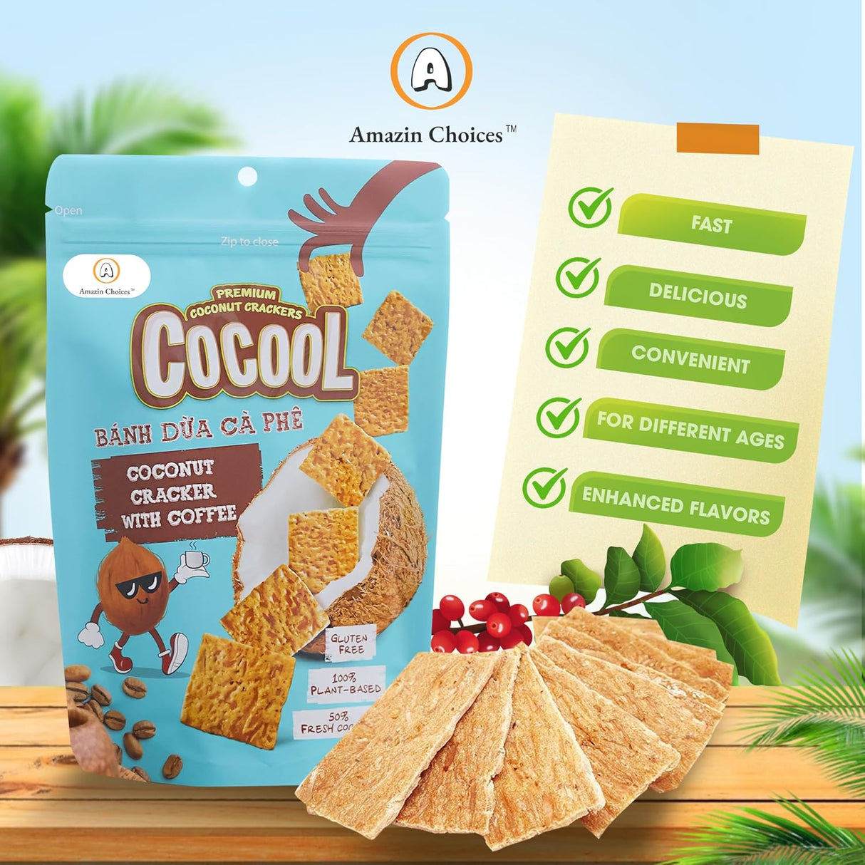 AMAZIN CHOICES Coconut Cracker With Coffee - Gluten-Free, Vegan Friendly, No Preservatives, Non GMO Coconut Crackers, Snack Viet - 2.82oz