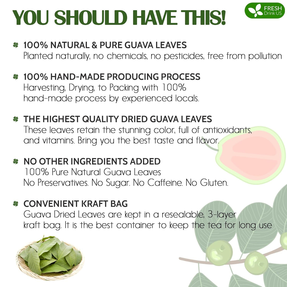 FreshDrinkUS, Premium 100+ Natural Guava Leaves, Whole Dried Leaves, 100% Pure from Guava Leaves, Natural Guava Loose Leaf Herbal Tea, No Additives, No Caffeine, Vegan