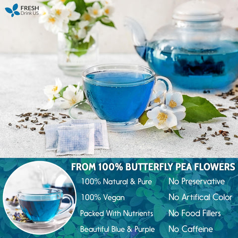 35 Premium Butterfly Pea Tea Bags, 100% Natural and Pure from Butterfly Pea Flowers, Hand-made, Made With Natural Materials-Corn Fiber Tea Bag, Sugar/Caffeine/Gluten Free, Vegan