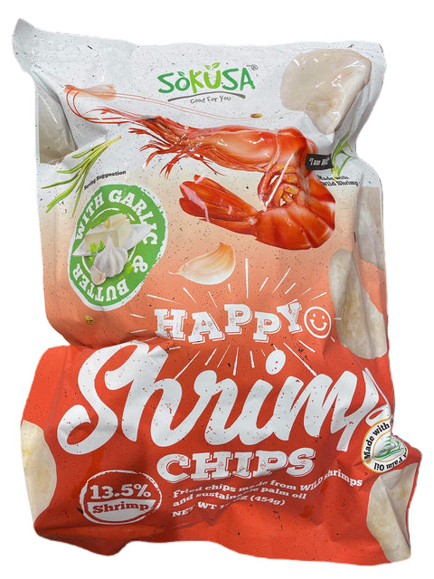 Sokusa Happy Chips With Garlic & Butter 13.5% Shrimp Family Size, 16 Oz