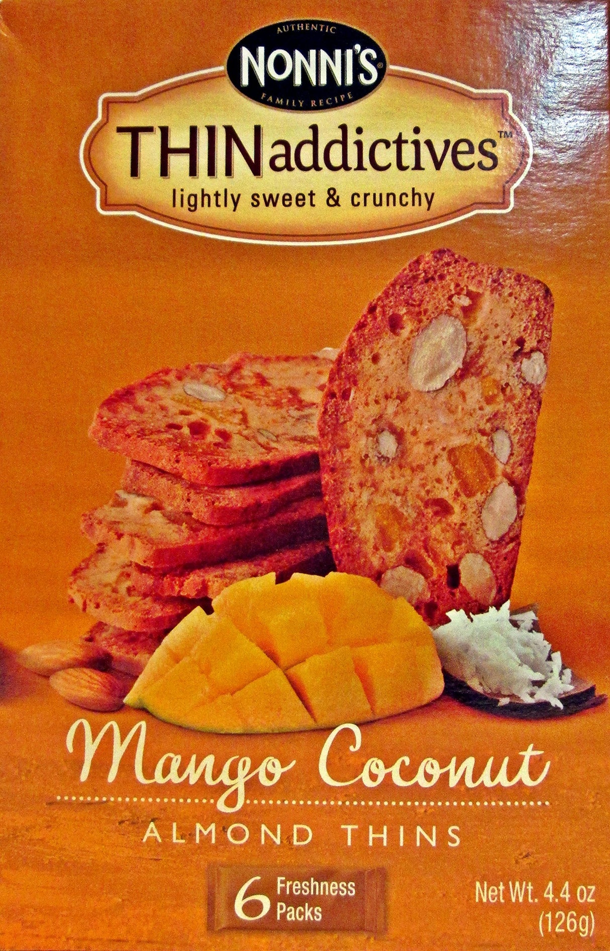 Nonni's THINaddictives Almond Thin Cookies - 3 Boxes Mango & Coconut Almond Cookies - Sweet Crunchy & Chewy Almond Cookie Thins - Biscotti Individually Wrapped Cookies - Kosher Coffee Cookies - 4.4 oz