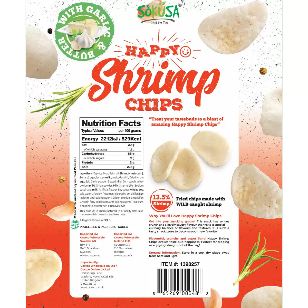 Sokusa Happy Chips With Garlic & Butter 13.5% Shrimp Family Size, 16 Oz