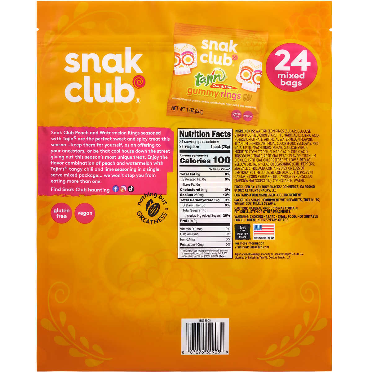 Snak Club Gummy Rings, Peach & Watermelon, Tajin Chile & Lime, 1 Ounce (24 Pack)