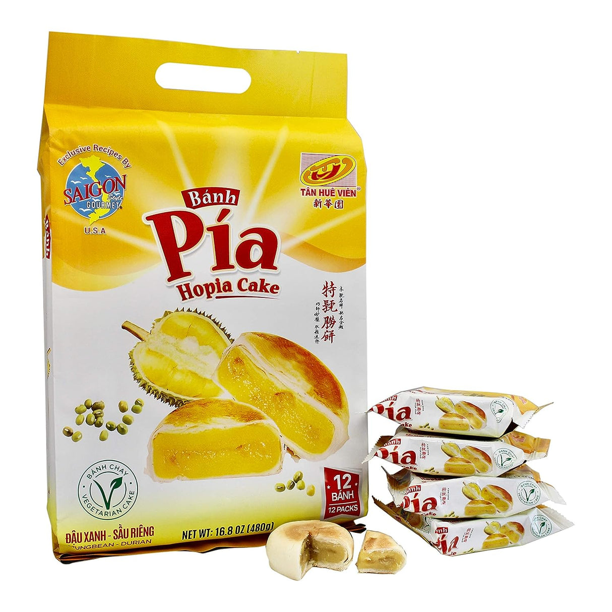 Banh Pia Hopia Cakes, 12 Count, Mungbean - Durian Flavor, 16.8 Ounce - Pinsot