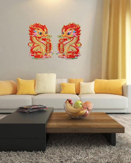 Chinese New Year Blessing Door Sticker Decorative 2024 New Year Zodiac Dragon Character Ornament Wall Window Clings for Home House Restaurant Store Party Decoration (Red - Pinsot