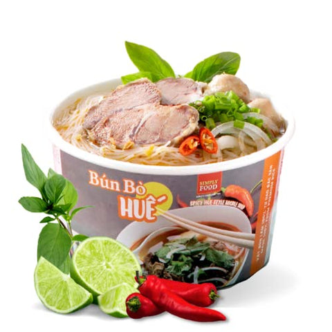 SIMPLY FOOD Instant Spicy Hue Styled Rice Vermicelli Noodles (Bún Bò Huế) - 9 BOWLS/ 72g each – Thin, White, Round, Rice Vermicelli Noodles in a Spicy Hue Styled Broth
