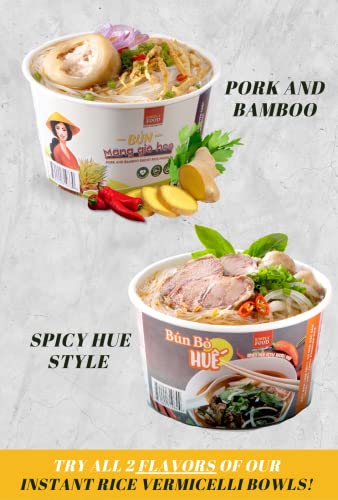 SIMPLY FOOD Instant Spicy Hue Styled Rice Vermicelli Noodles (Bún Bò Huế) - 9 BOWLS/ 72g each – Thin, White, Round, Rice Vermicelli Noodles in a Spicy Hue Styled Broth