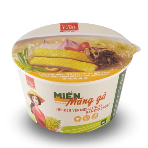 SIMPLY FOOD Instant Chicken and Bamboo Glass Noodles (Miến Măng Gà) - 9 BOWLS/ 55g each – Chewy, Clear Glass Vermicelli Noodles in a Savory Chicken and Bamboo Broth