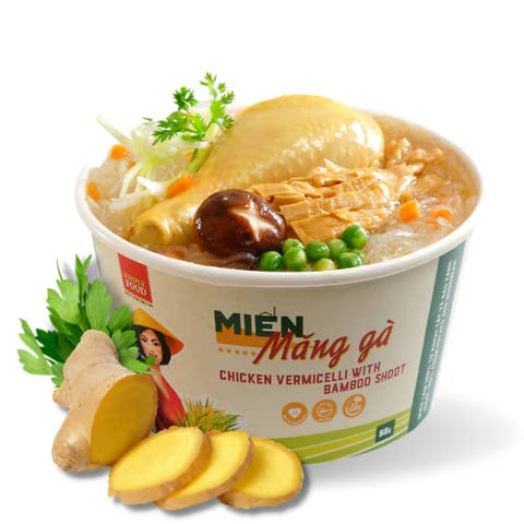 SIMPLY FOOD Instant Chicken and Bamboo Glass Noodles (Miến Măng Gà) - 9 BOWLS/ 55g each – Chewy, Clear Glass Vermicelli Noodles in a Savory Chicken and Bamboo Broth
