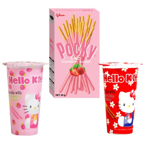 CureCor Biscuit Dip Bundle - Hello Kitty Choco and Strawberry Cream Snack Double Creme Dip with Pocky Strawberry Creme Stick
