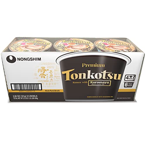 Nongshim Tonkotsu Kuromayu Ramen with Kuromayu Black Garlic Oil, 6 Paper Bowls, Rich Pork Broth, Premium Ramen Noodles Soup Mix