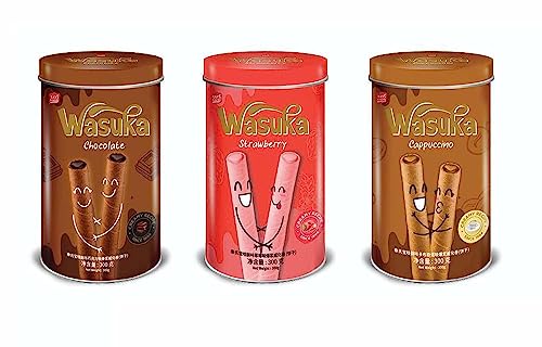 COMBO DEAL!!! Wasuka Wafer Rolls Chocolate & Strawberry Flavor Premium Snack with 100% Natural ingredient and pure satisfaction healthy and natural wafer rolls Tin Package Creamy recipe. Since 1994- 10.58oz (Pack of 2)