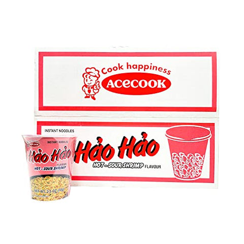 ACECOOK Hao Hao Instant Noodles Cups - Sate Onion Flavor / Mi Ly Sate Hanh 12 Cups X 2.29 OZ (Hot & Sour Shrimp)