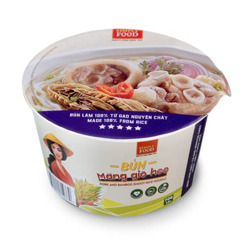 SIMPLY FOOD Instant Pork and Bamboo Shoot Rice Vermicelli Noodles (Bún Măng Giò Heo) - 9 BOWLS/ 70g each – Thin, White, Round, Rice Vermicelli Noodles in a Delicious Pork and Bamboo Shoot Broth