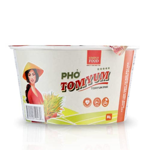 SIMPLY FOOD Instant Thai Flavored Tom Yum Pho Noodles (Phở Tom Yum) - 9 BOWLS/ 80g each – Gluten-Free Pho Rice Noodles in a Citrusy Spicy and Sour Thai Flavored Tom Yum Broth