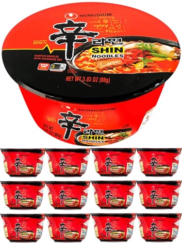 Nongshim Shin Ramyun Spicy Beef Ramen Noodle Soup Bowls Bundle. Includes 12 Bowls 3.03 Oz Shin Flavor