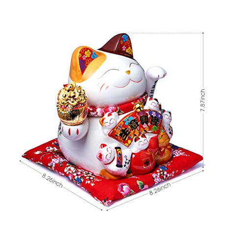 RandJ 8‘’ Cute Ceramic Waving Lucky cat Fortune Cat Ornament Large Size Manekineko Cat Collectible Figurine Home&Shop Decorations Business Gift Present