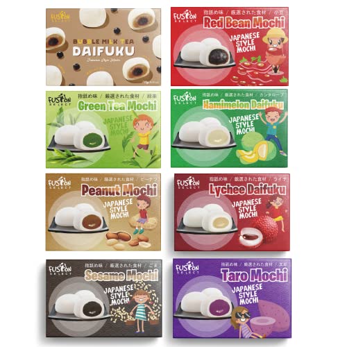 Japanese Mochi 8 Variety Pack: Boba Milk Tea, Taro, Sesame, Hamimelon, Lychee, Green Tea, Peanut & Red Bean in Fusion Select Gift Box