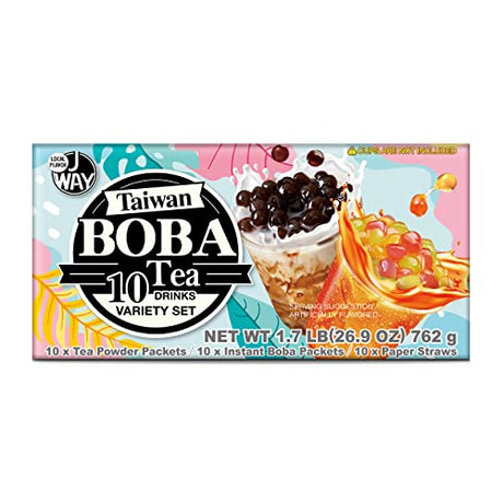 Instant Boba Bubble Pearl Variety Milk Tea Fruity Tea Kit, Paper Straws Included - Gift Box - 10 Servings