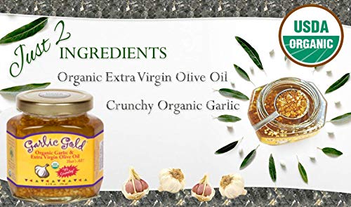 Garlic Gold Organic Toasted Garlic Granules in Extra Virgin Olive Oil, Crunchy Garlic in Olive Oil, Glass Jar 6.4 oz