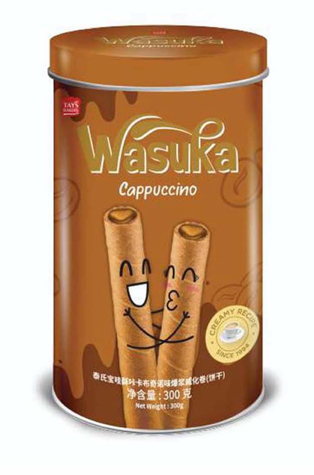 Wasuka Wafer Rolls Cappuccino Flavor Premium Snack with 100% Natural ingredient and pure satisfaction healthy and natural wafer rolls - 10.58oz Tin Package Creamy recipe. Since 1994 (Pack of 1)