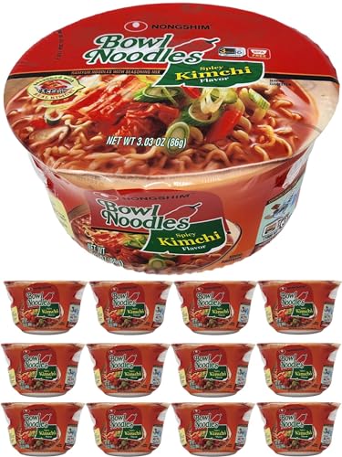 Nongshim Ramyun Noodles with Seasoning Mix Bowls Bundle. Includes 12 Bowls 3.03 Oz Spicy Kimchi Flavor