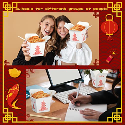 8 oz Chinese Take out Boxes with Chopsticks, Pagoda Paper Food Containers with Sleeved and Separated Disposable Chopsticks for Asian Party Decorations Favor Birthday Wedding Restaurant (50 Sets)