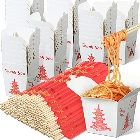 8 oz Chinese Take out Boxes with Chopsticks, Pagoda Paper Food Containers with Sleeved and Separated Disposable Chopsticks for Asian Party Decorations Favor Birthday Wedding Restaurant (50 Sets)