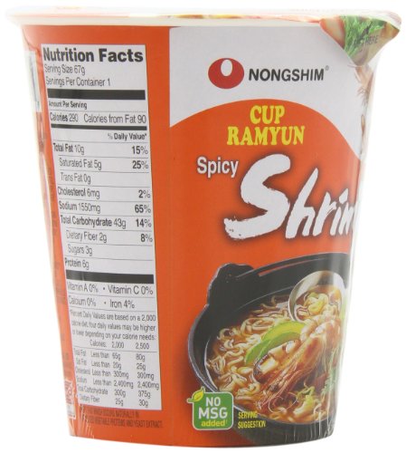 Nongshim Noodle Cup, Spicy Shrimp, 2.36 Ounce (Pack of 6)