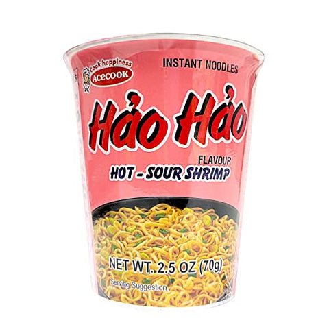 ACECOOK Hao Hao Instant Noodles Cups - Sate Onion Flavor / Mi Ly Sate Hanh 12 Cups X 2.29 OZ (Hot & Sour Shrimp)