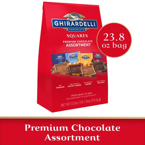 GHIRARDELLI Premium Chocolate Assortment - Milk, Dark, Sea Salt, Caramel and 60% Cacao Squares, 23.8 oz Bag