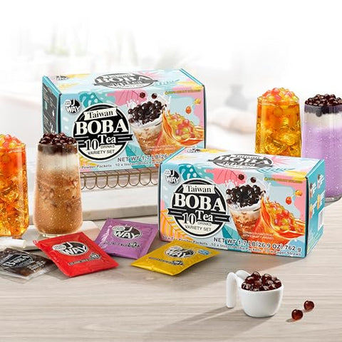 J WAY Instant Boba Bubble Pearl Variety Milk Tea Fruity Tea Kit with Authentic Brown Sugar Fruity Tapioca Boba, Ready in Under One Minute, Paper Straws Included - Gift Box - 10 Servings