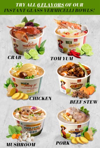 SIMPLY FOOD Instant Crab Glass Noodles (Miến Cua) - 9 BOWLS/ 55g each – Chewy, Clear Glass Vermicelli Noodles in a Seafood Crab Broth