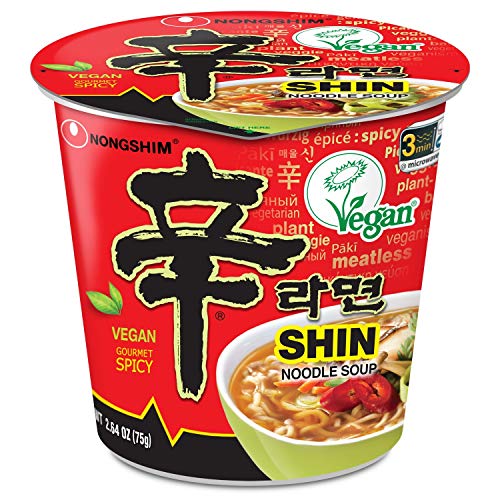 Nongshim Gourmet Spicy Vegan Shin Instant Noodle Soup Mix Cup, 6 Pack, Microwaveable Vegan Meatless Ramen