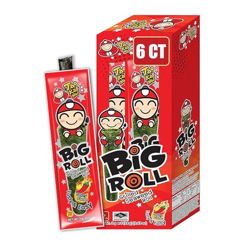 Big Roll Grilled Seaweed Snacks by Tao Kae Noi, Spicy Flavor Grilled Seaweed Rolls, Healthy Nori Sheet Rolls for Kids and Adults, 6 pack, 3g Bags