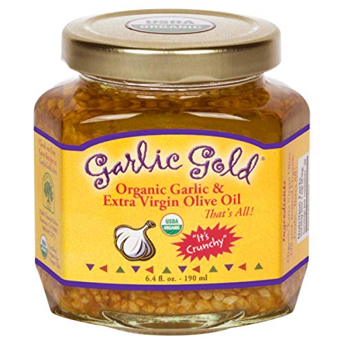 Garlic Gold Organic Toasted Garlic Granules in Extra Virgin Olive Oil, Crunchy Garlic in Olive Oil, Glass Jar 6.4 oz