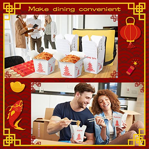 8 oz Chinese Take out Boxes with Chopsticks, Pagoda Paper Food Containers with Sleeved and Separated Disposable Chopsticks for Asian Party Decorations Favor Birthday Wedding Restaurant (50 Sets)