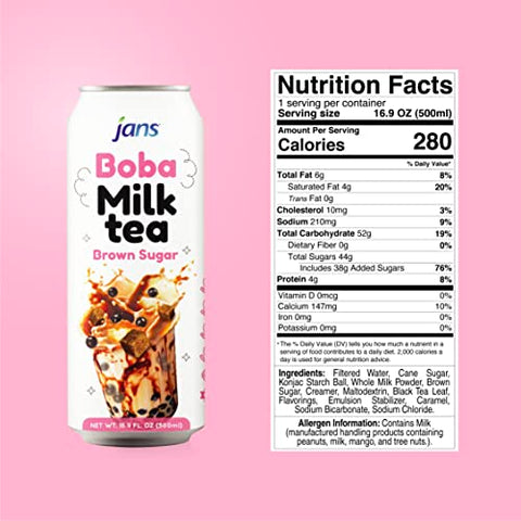 Jans Boba Milk Tea Brown Sugar Flavor, Thick Sweet and Creamy Milk tea beverages with tapioca bubble boba, milky boba taiwanese tea 16.9 fl oz per can (Pack of 1)